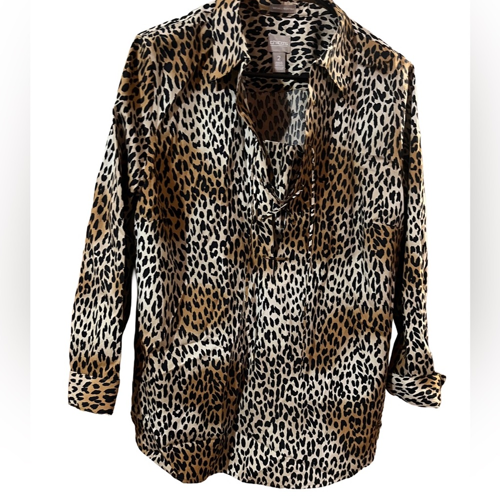 Chicos Leopard Print Long Sleeve Blouse Chico size 2